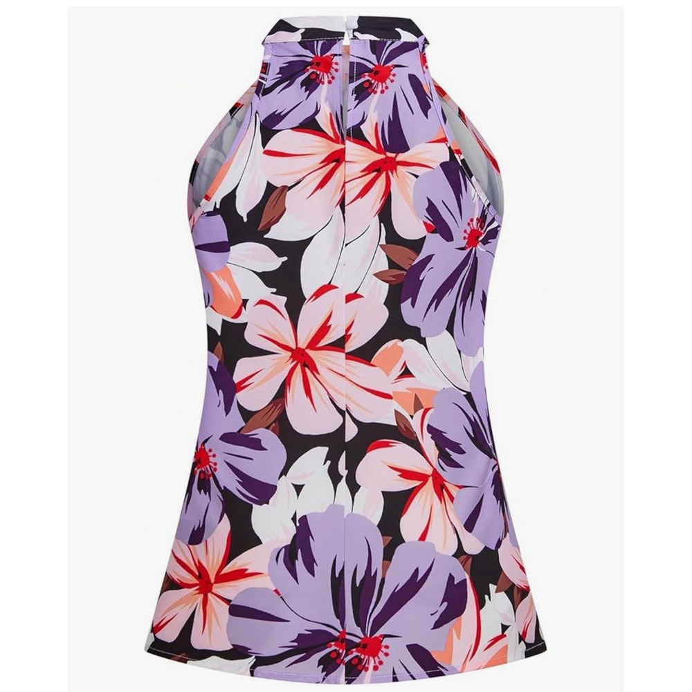 Purple Floral High Neck Halter Top Sleeveless Tropical Blouse Small - Picture 2 of 12